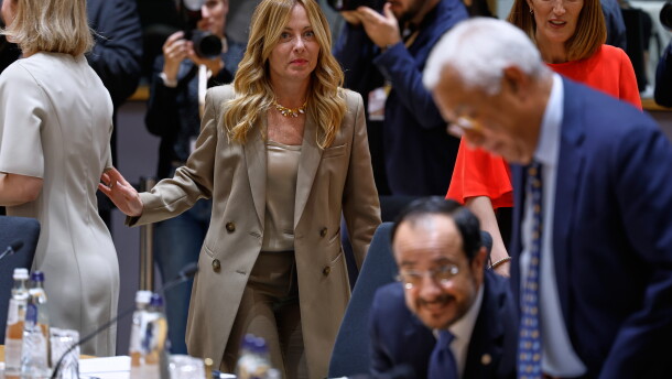 Italy's Prime Minister Giorgia Meloni arrives to a round table meeting at the EU summit in Brussels, Thursday, June 18, 2026.