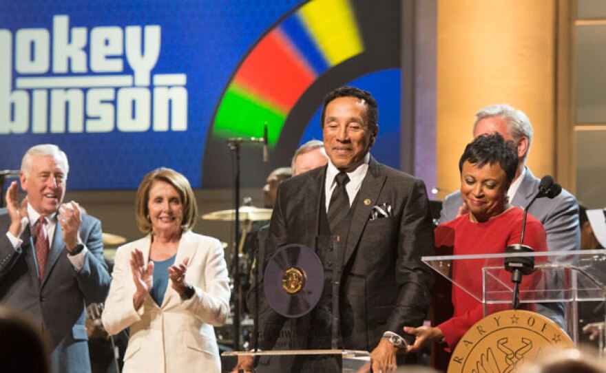 Honoree Smokey Robinson with Librarian of Congress Carla Hayden as she presents him the Library of Congress Gershwin Prize for Popular Song.