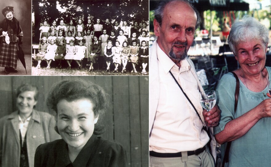 Ruth Hálová, a survivor of the Holocaust (clockwise): Ruth as a child dressed up for a play; Ruth's 1st grade class taken in 1932; Ruth and husband Milan Hala in India in the 1990's; Ruth and her mother in (the then) Czechoslovakia after the war.