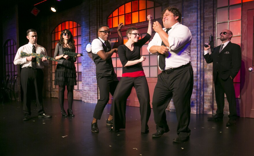 (L-R) Kevin Sciretta, Marla Caceres, Travis Turner, Andel Sudik, Frank Caeti and Mitchell Fain in La Jolla Playhouse’s presentation of Second City’s "The Good, the Bad, and the I-5." Photo by Todd Rosenberg
