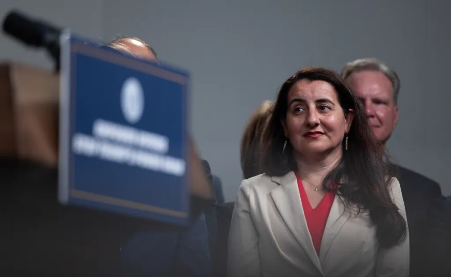 State Sen. President Pro Tem Monique Limón during a press conference with fellow California Democrats at the Capitol Annex Swing Space in Sacramento on Aug. 18, 2025.