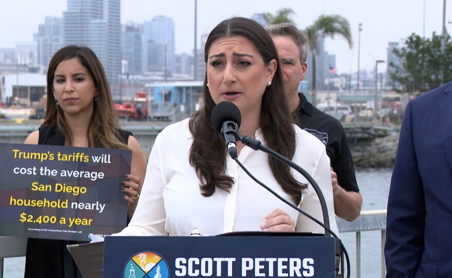 San Diego Representative Sara Jacobs (D) San Diego 51st district is shown speaking at a lectern at Cesar Chavez Park Pier on August 13, 2025.