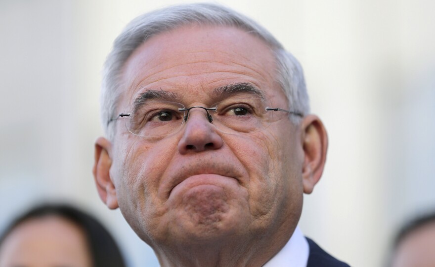 Democratic Sen. Bob Menendez in front of the courthouse in Newark, N.J., after the judge in the case declared a mistrial.