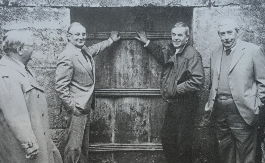 These four men found the Lascaux cave paintings in 1940. They returned to the cave entrance for this 1986 photo. From left to right, they are Georges Agniel, Simon Coencas, Jacques Marsal and Marcel Ravidat.