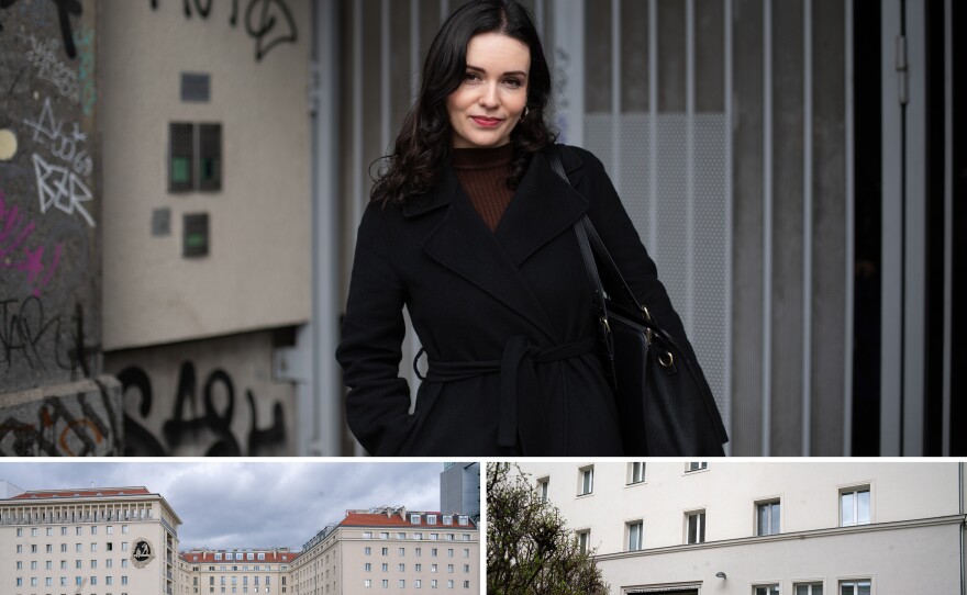 This city-built housing (bottom right and left), Georg-Emmerling-Hof, was built in the 1950s, but it got a climate upgrade between 2019 and 2022, says Veronika Iwanowski (top), a spokesperson for Vienna's municipal housing company, Wiener Wohnen. That includes new windows, doors and insulation.