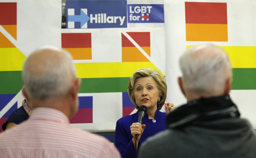 Hillary Clinton speaks to volunteers at a campaign call center during a stop at an LGBT community center April 18 in New York City.
