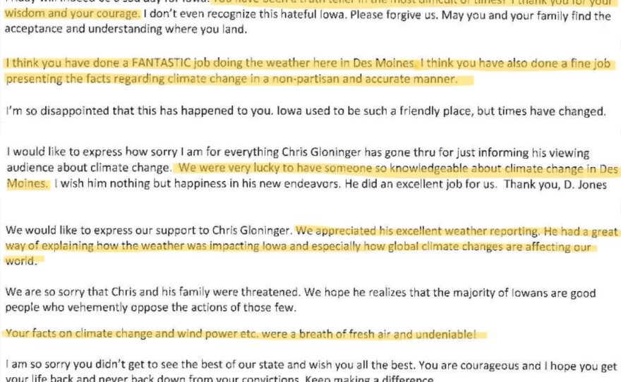 Chris Gloninger received hundreds of messages like these after he told viewers he was stepping away from his role at KCCI, in part due to the harassment and death threats he received.