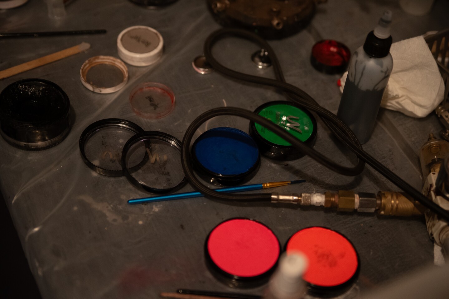 Some of the tools of the trade for a makeup artist at The Haunted Trail in Balboa Park on Sept. 25, 2025.