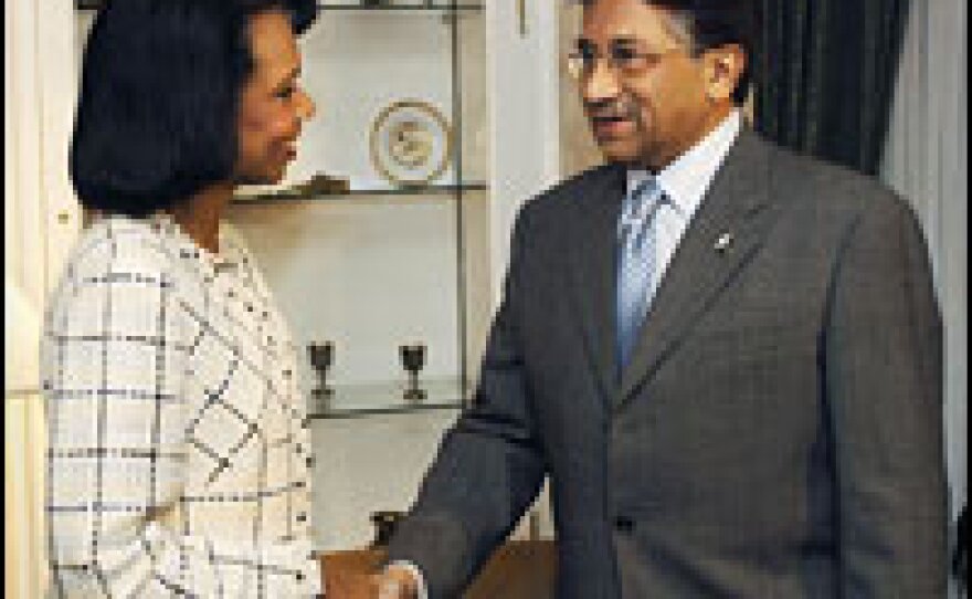 Secretary of State Condoleezza Rice (left) meets in New York with Pakistan President Pervez Musharraf in 2005. After his resignation Aug. 18, 2008, Rice praised the former general as a friend to the United States.