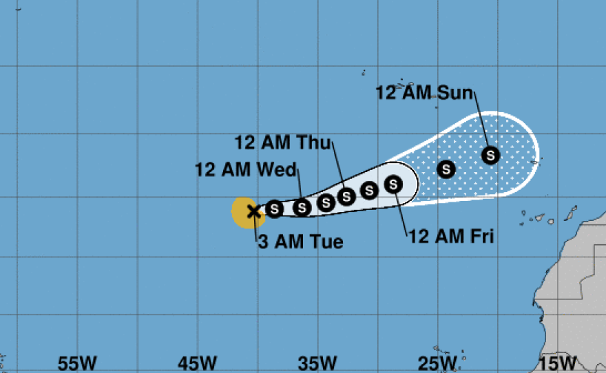 Forecast cone graphic for Subtropical Storm Theta, the 29th named storm of the 2020 hurricane season. Theta is not expected to reach the United States.