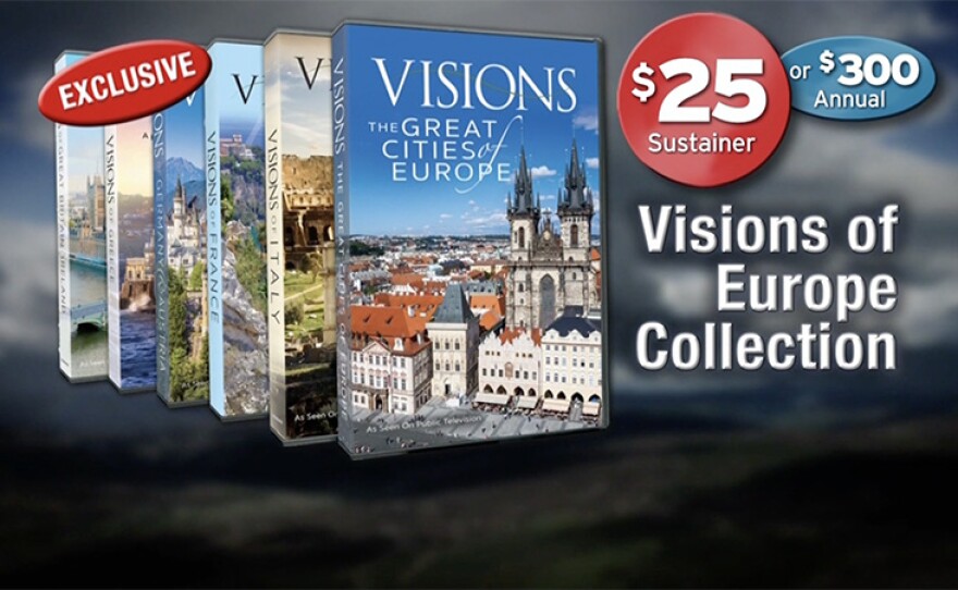 Give $25/month or $300 now and get the "Visions Of Europe" 6-DVD Collection. This gift includes a KPBS License Plate Frame (if you're a new member). Also enjoy access to KPBS Passport and myKPBS Film Club. The “Visions of Britain and Ireland” DVD only is at the $120 level. 