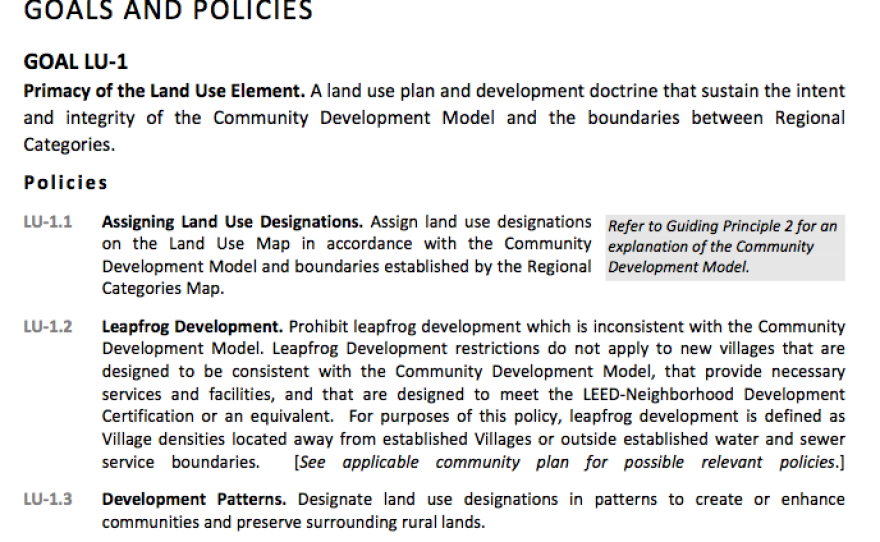 San Diego County's Land Use Policy LU 1.2 which prohibits "Leapfrog " development.