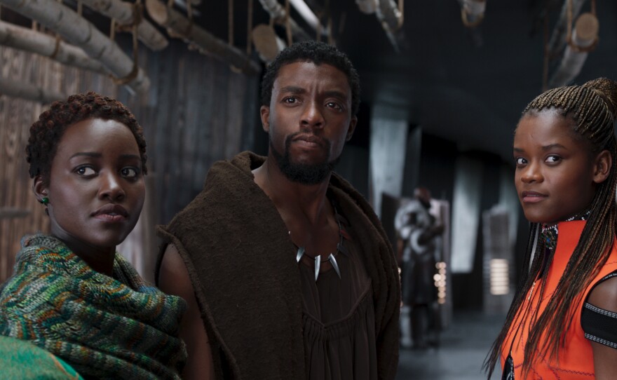 "Black Panther's" T"challa (Chadwick Boseman) gets strong support from the women in his life, Nakia (Lupita Nyong'o) and Shuri (Letitia Wright).