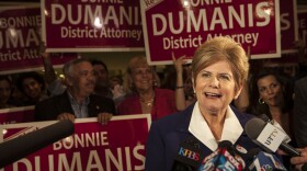 District Attorney Bonnie Dumanis, at the U.S. Grant Hotel in downtown San Diego, reacts to the first returns, June 3, 2014.