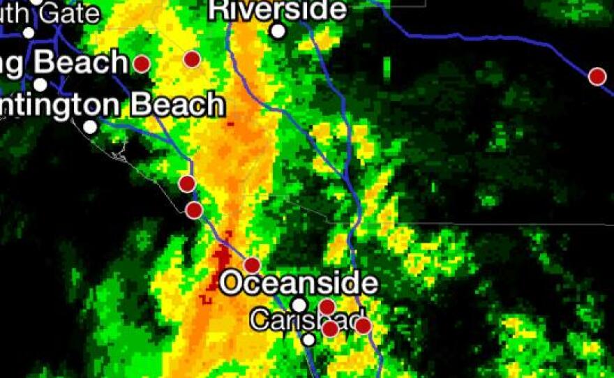 A band of heavy rain stretches across San Diego from San Bernardino to Chula Vista, Feb. 28, 2014.