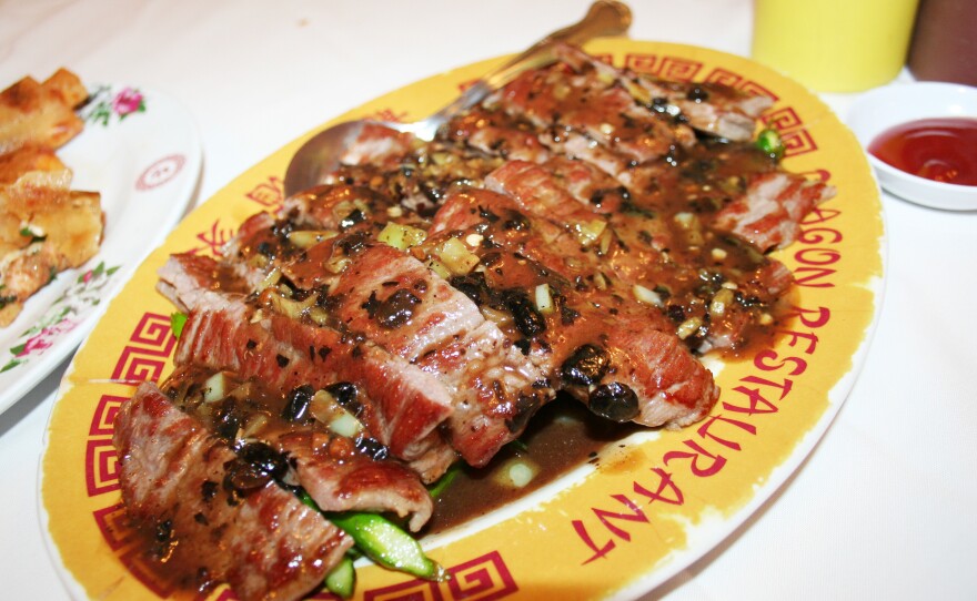 One of the inventive dishes at El Dragon, in Mexicali, Mexico: arrachera beef (great in tacos) with asparagus and black bean sauce.
