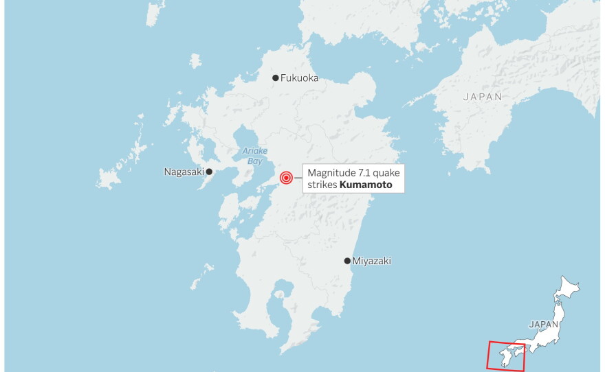 A map showing the location of an earthquake in southern Japan.