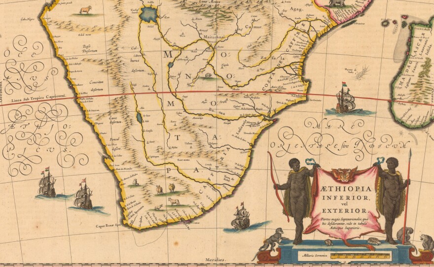 According to the Princeton University Library, this map from 1635 shows the northern boundary of the kingdom of Mutapa (aka Monomotapa) as the Mountains of the Moon (Lunae Montes) — they're in the center beneath the large body of water.