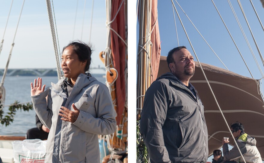 Left: Apprentice navigator Kala Tanaka (right) talks to students from the Alexandria Seaport Foundation about how the boat is navigated, during one of many educational tours offered while the boat is in port. Right: Na'alehu Anthony took leave from his job as chief executive of a television company to train for and join the voyage.