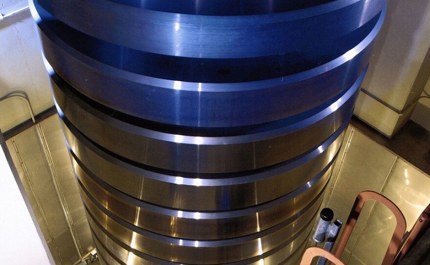 The million-pound deadweight machine inside a lab at the National Institute of Standards and Technology in Gaithersburg, Md. After a calibration job, when the stack of 50,000-pound disks are once again lowered to the ground, the weights tend to "rumble" like a bull elephant, according to NIST workers.