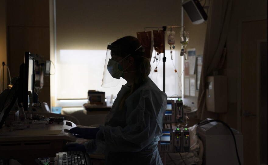 File photo of a registered nurse working on a computer while assisting a COVID-19 patient in Los Angeles, Nov. 19, 2020.