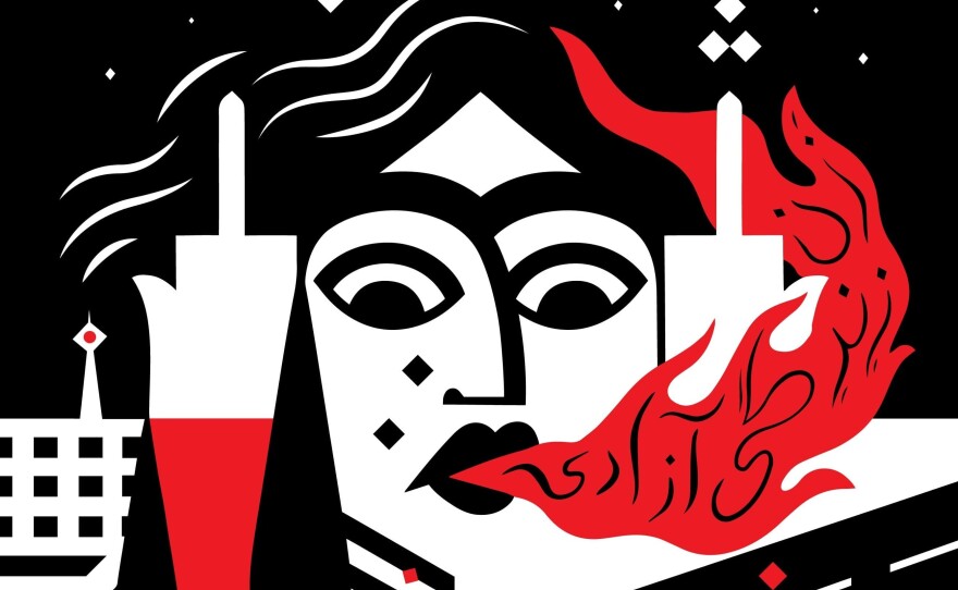 Artist Mina M. Jafari uses a female head and arms to represent a masjid, or mosque, in this piece.