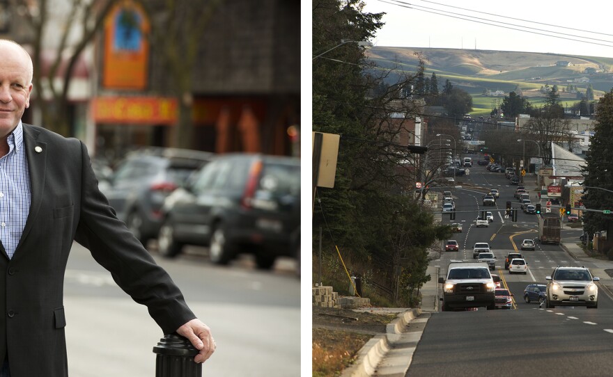 (Left) Latah County Commissioner Dave McGraw remembers Syringa Mobile Home Park as a nice place when he was a child. He's now working to get the park to fix the water and sewage problems. (Right) Moscow is home to the University of Idaho and has a downtown neighborhood surrounded by rolling farm fields and mountains.