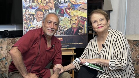 Roberto Pozos (left) and Maria Garcia (right) sit together for a recording of the "We Made San Diego" video podcast, Sept. 2025.<br/>