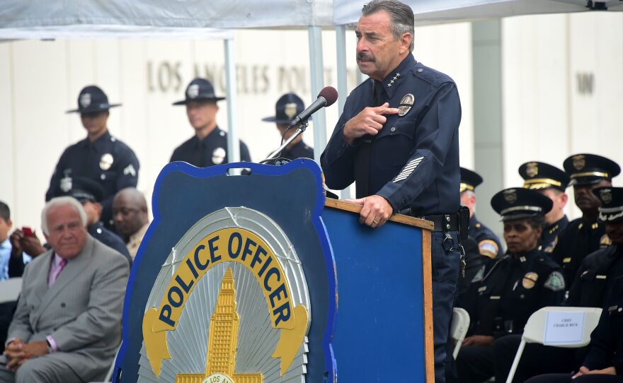 Los Angeles Police Chief Charlie Beck addresses police recruits at their graduation ceremony on July 8, 2016 in Los Angeles.