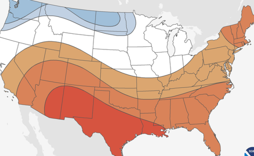 NOAA is predicting warmer-than-average temperatures in December though February for about two thirds of the contiguous United States.