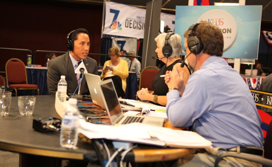 City Councilmember Todd Gloria (District 3) speaks with KPBS reporters Peggy Pico and Tom Fudge at Golden Hall, November 6, 2012.