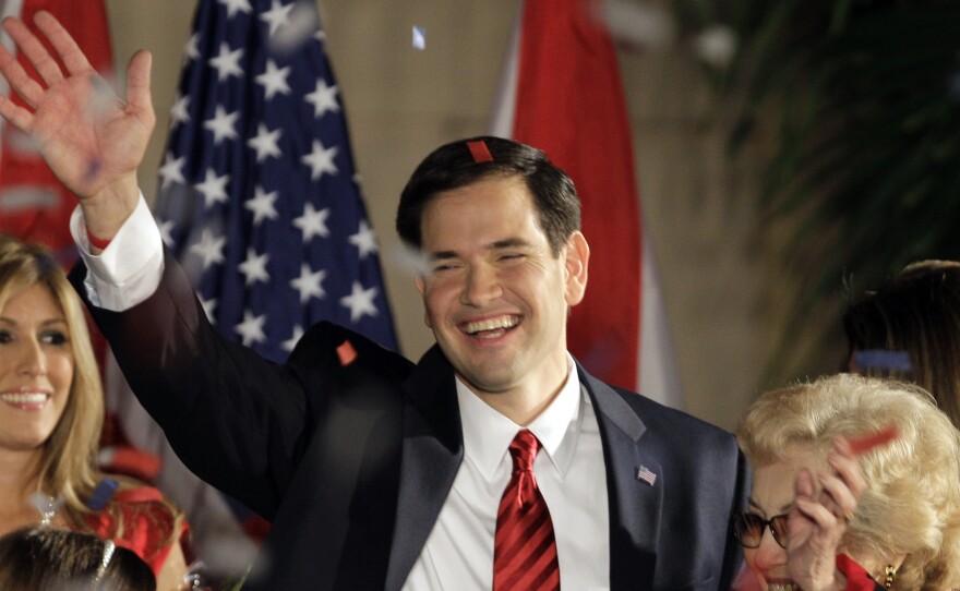 Marco Rubio celebrates on stage with his family in 2010 after winning his U.S. Senate seat in Florida when he was just 39 years old. Now, he's expected to embark on a run for president.