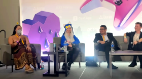Streamers SweetxSage, AngryOwlCat, Psyculturists and EuroBrady (left to right) speak about mental health during a panel, "The Inner Game: Empowering Streamers to Protect Their Mental Health," at TwitchCon on Oct. 17, 2025.