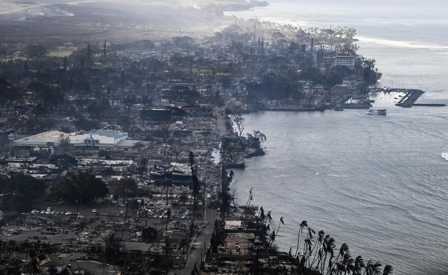 An aerial view shows destroyed homes and buildings in the aftermath of wildfires in western Maui in Lahaina, Hawaii, on Aug. 10, 2023.