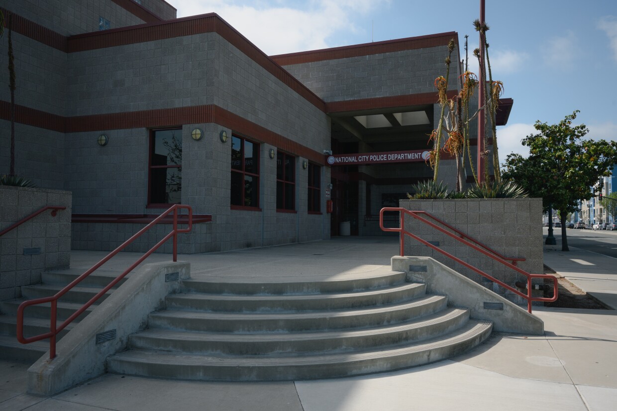 The National City Police Department building, where officers arrested and restrained Earl McNeil using a full-body device and a mesh hood, is seen in National City, California on May 23, 2025. McNeil's family sued the city after he had a heart attack in custody and later died, for using excessive force and won a settlement in 2021.