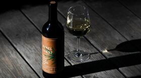 A bottle of Rebel Coast Winery's cannabis-infused wine sits on display in Los Angeles, Dec. 22, 2017.