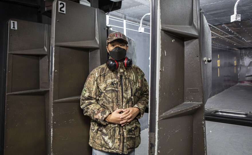 Organizer Sunha Kim, 29, stands for a portrait at the shooting range in a firearms training course organized by Asian Americans for Asian Americans at the Marshall Security Training Academy & Range in Compton, Calif., on Saturday.