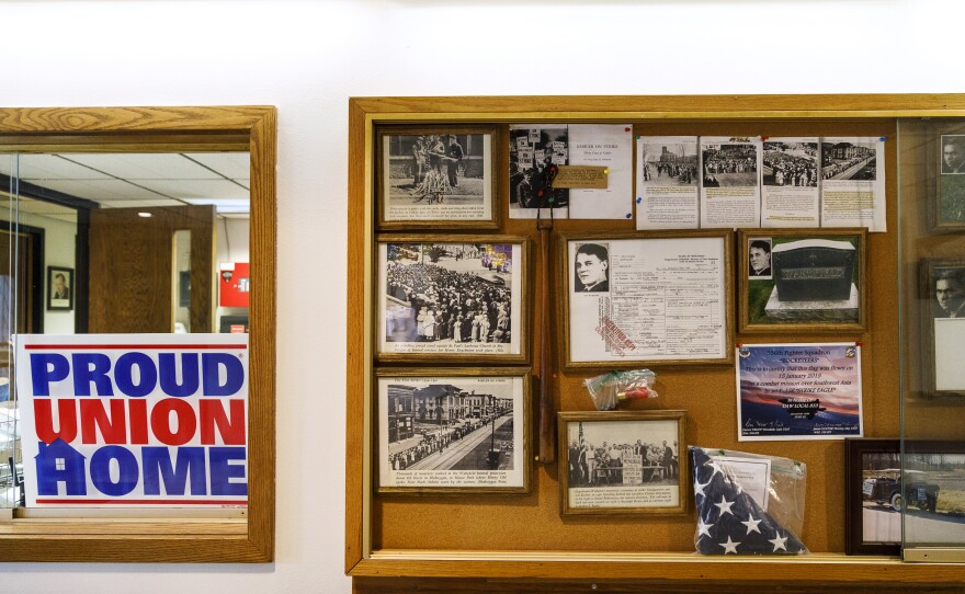A display case at the UAW Local 833 union hall lobby in Sheboygan holds memorabilia of past Kohler strikes.