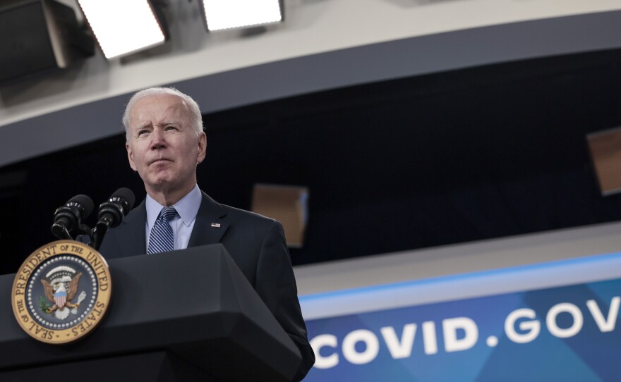 President Joe Biden is seen here delivering remarks on COVID-19 on March 30, 2022. On Tuesday, the White House will announce a new push to get more doses of the COVID antiviral medication Paxlovid to more Americans.