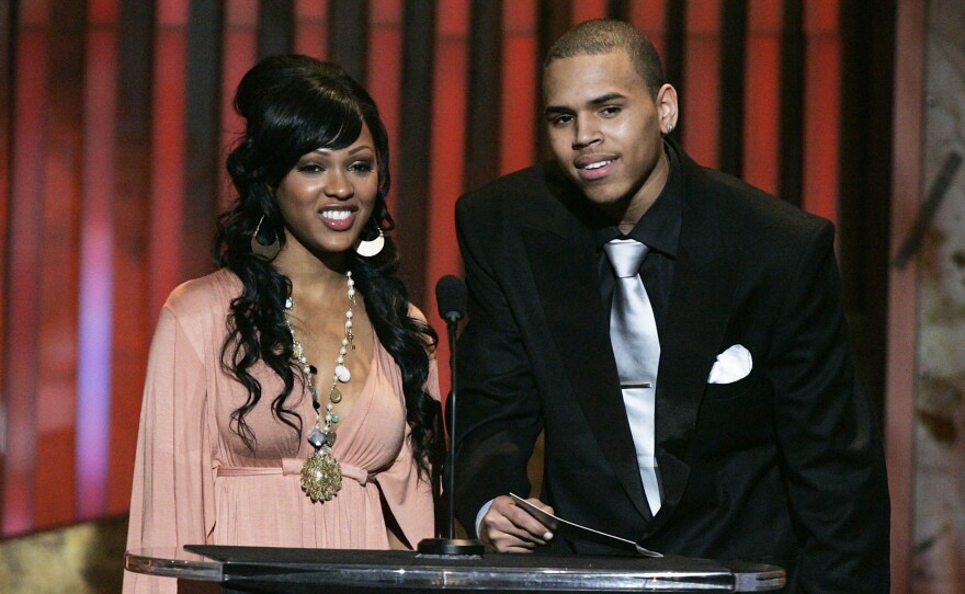Actress Meagan Good and actor Chris Brown present an award during the 37th Annual NAACP Image Awards on Feb. 25, 2006