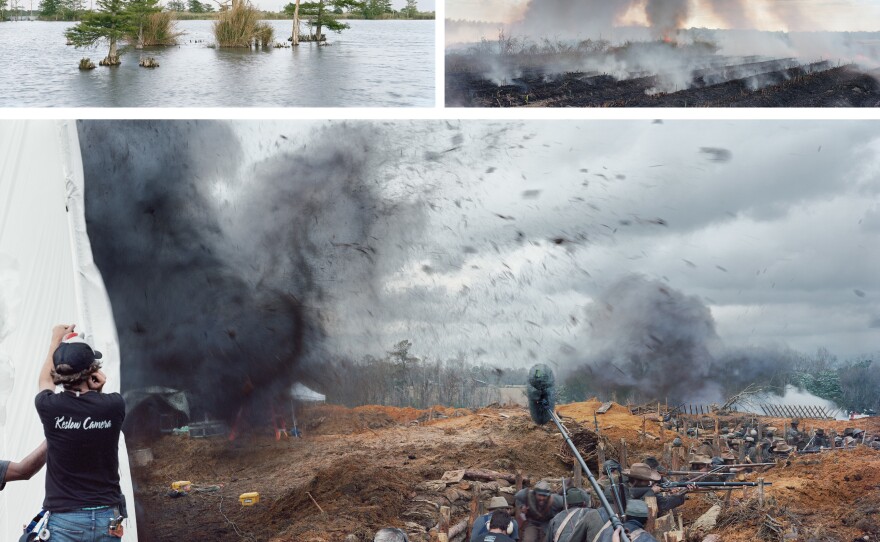 Artist An-My Lê is exhibiting photographs from 2015 and 2016 at the Biennial, including (top left) <em>April 17, Swamp, Venice, Louisiana</em>, (top right) <em>November 5, Sugar Cane Field, Houma, Louisiana</em> and (bottom) <em>Film Set</em> ("Free State of Jones"), <em>Battle of Corinth, Bush, Louisiana</em>.