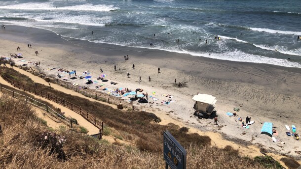 Crowds gather at Leucadia State Beach in Encinitas, California, July 3, 2020.