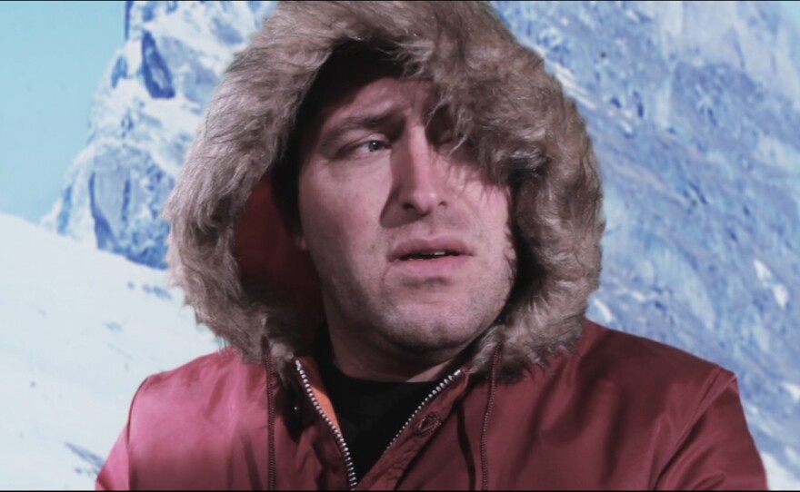 Matt Hoyt as the character Preston, an Antarctic landfill worker and aspiring novelist in his film "Antarctic...Huh?"
