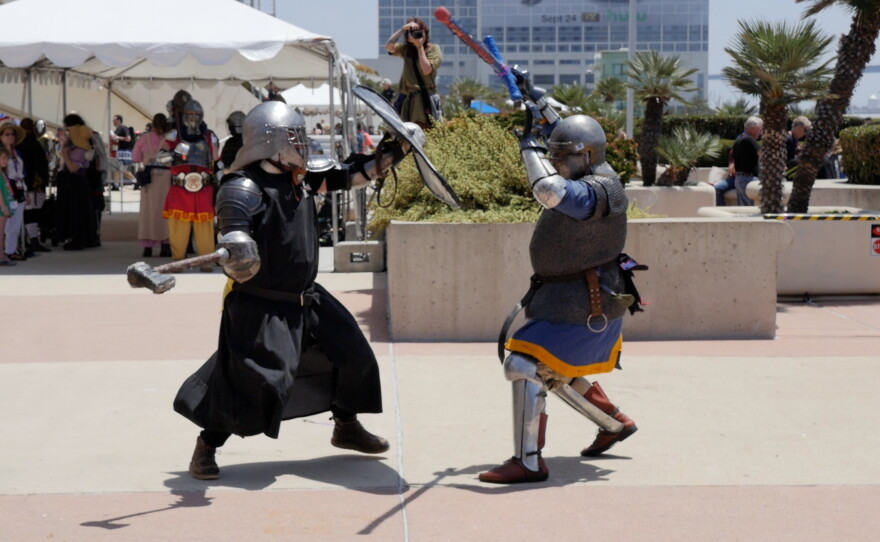 The clash of armor echoed across the West Mezzanine Terrace of the San Diego Convention Center during the Society for Creative Anachronism's live combat demonstration on July 24, 2026.