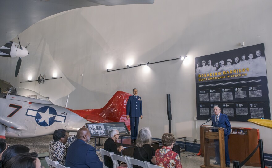 A ceremony for the newly expanded World War II exhibit at the San Diego Air & Space Museum is shown on October 13, 2023.