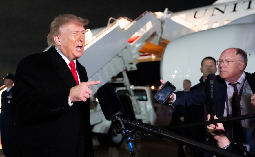 President Donald Trump speaks with reporters as he arrives on Air Force One, Saturday, Oct. 10, 2026, at Joint Base Andrews, Md.