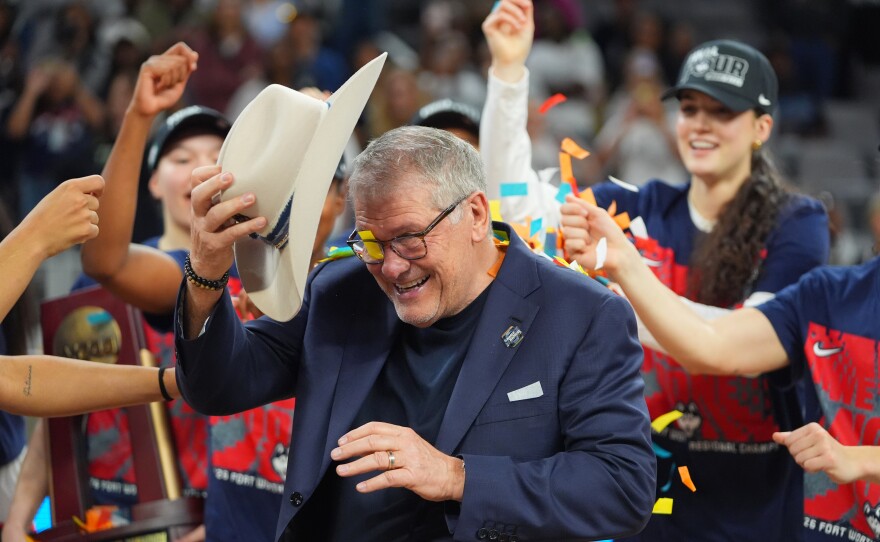 UConn head coach Geno Auriemma reacts after his team defeated Notre Dame in the Elite Eight of the NCAA college basketball tournament, Sunday, March 29, 2026, in Fort Worth, Texas.