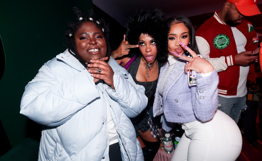 Rappers Chika, Rico Nasty and Saweetie at the Warner Music Grammy Party in February 2023.