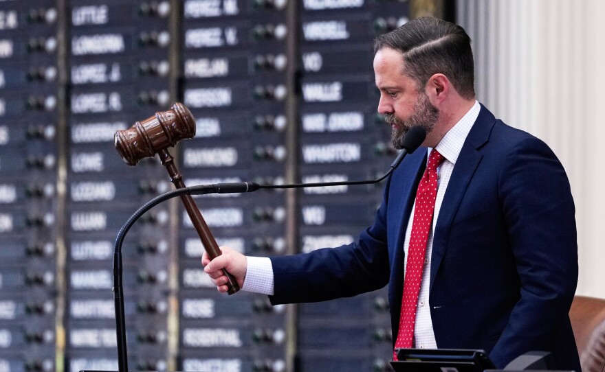 Texas House Speaker Dustin Burrows oversees a debate during a special session in August. He accused Democrats of abandoning their duties when they fled the state to block the Republican Party's redistricting vote, and he said he'd sign arrest warrants for them.