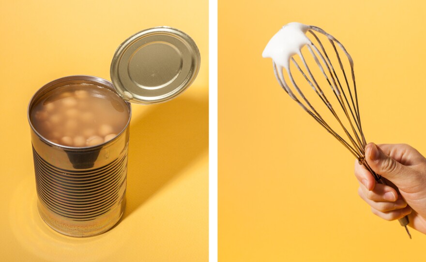 Aquafaba, commonly made from chickpea water, can be whipped into a stiff foam for an excellent vegan replacement for egg whites.